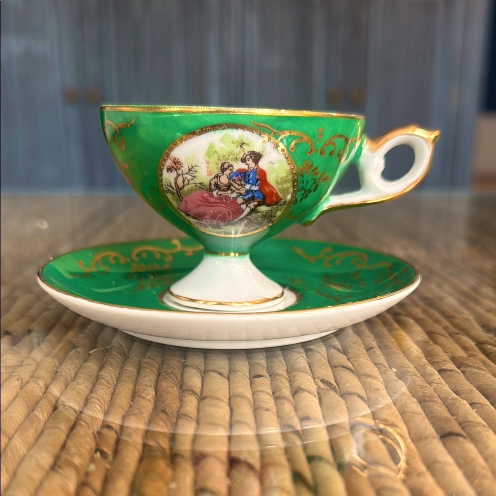 Vintage Royal Vienna hand painted Green Porcelain Teacup and Saucer